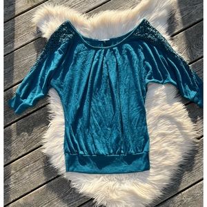 Teal Floral Crochet Shoulder Tunic Top